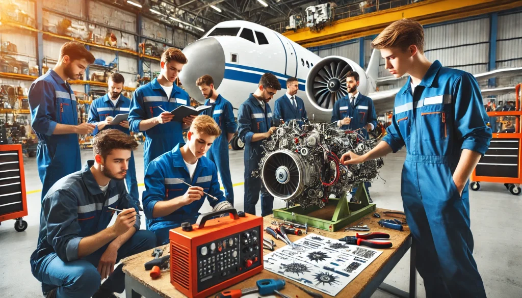 aircraft maintenance students around a table
