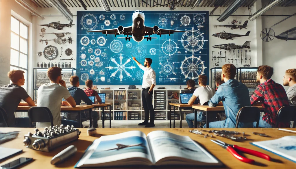 person teaching at a blackboard about aircraft