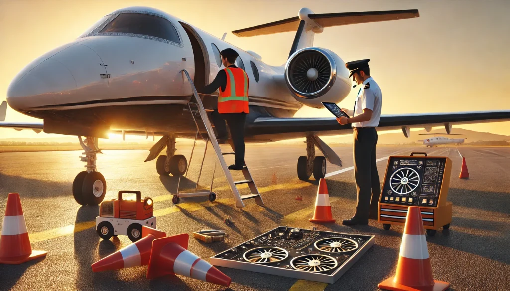 crew inspecting aircraft with jet blades