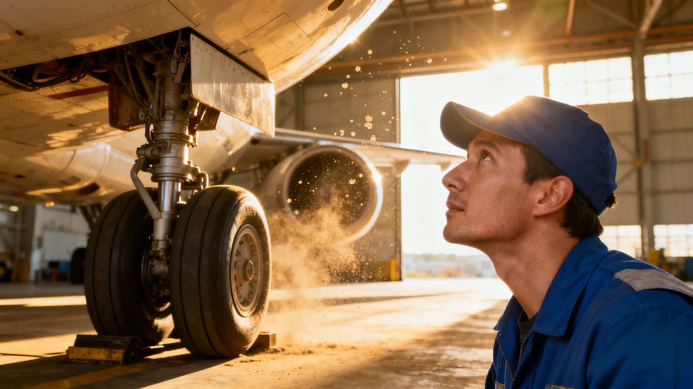 Mechanic inspecting airplane landing gear in a hangar.